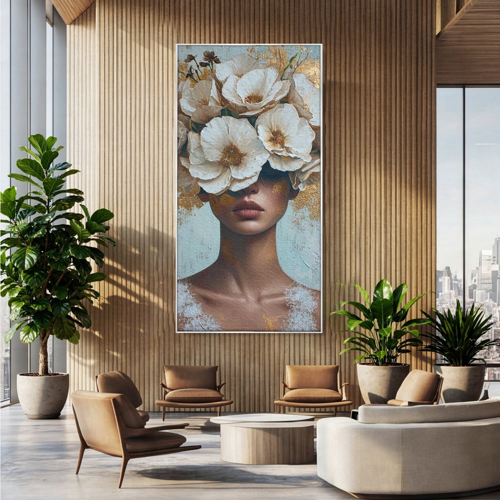 Tablou canvas cu tablou portret femeie cu flori albe, in rama de aluminiu argintiu, pe perete intr-un birou